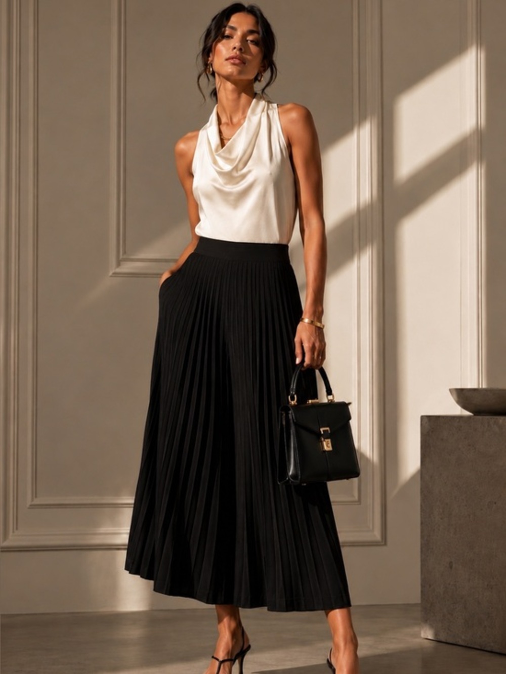 Grace Elements Black Pleated Gaucho M Pants Minimalist Flowy Quiet Luxury